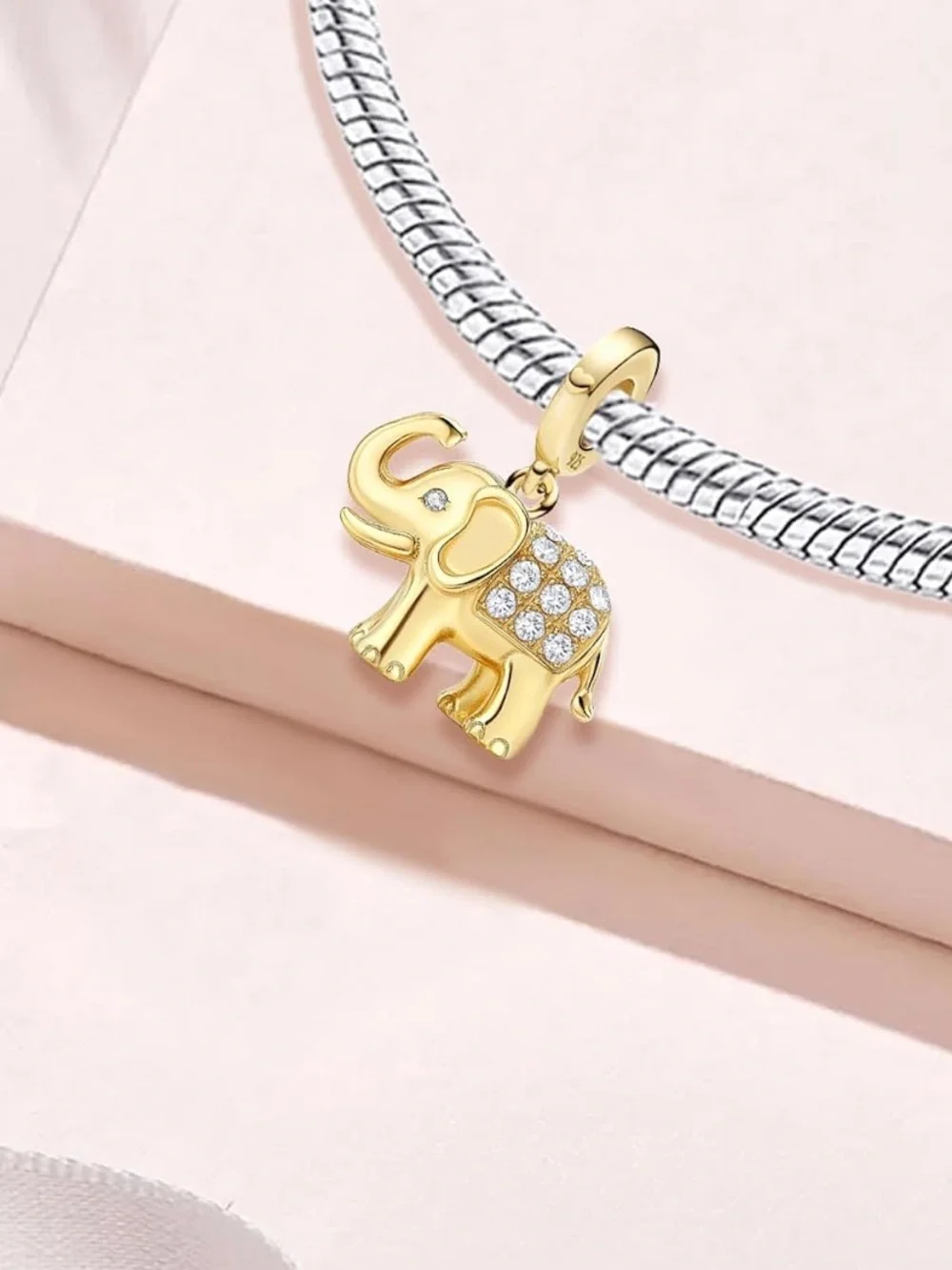925 Gold Elephant Dangle Charm CZ Lucky Elephant Good Luck Gift